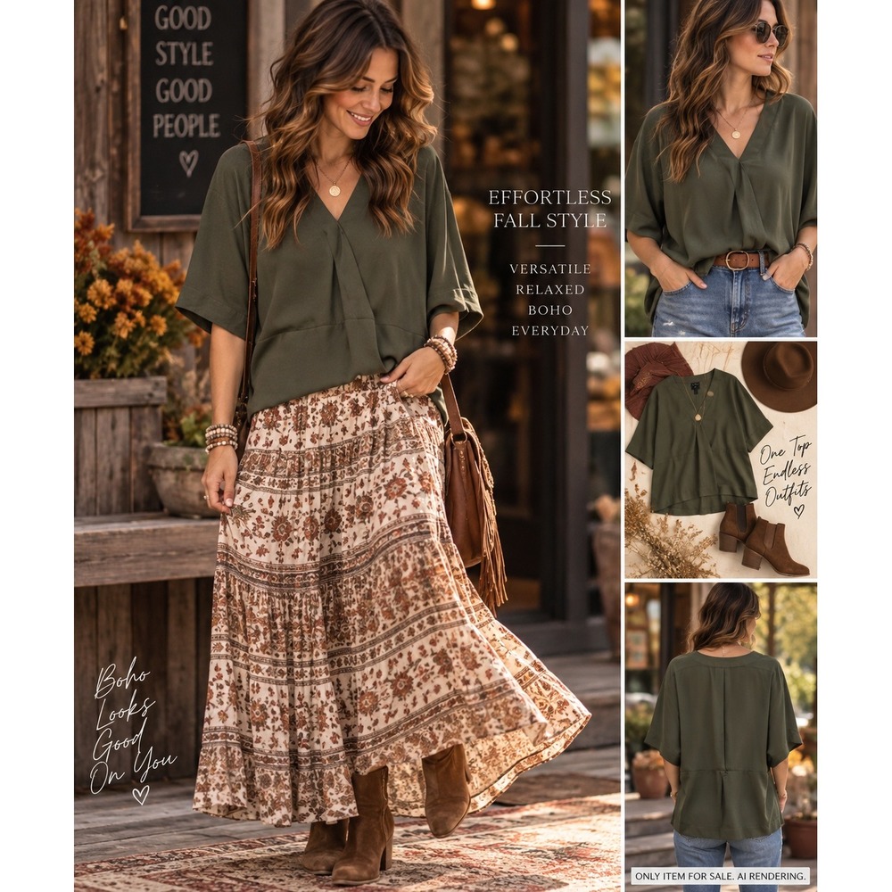 Olive Green Surplice V-Neck Dolman Sleeve Boho Romantic Size Large